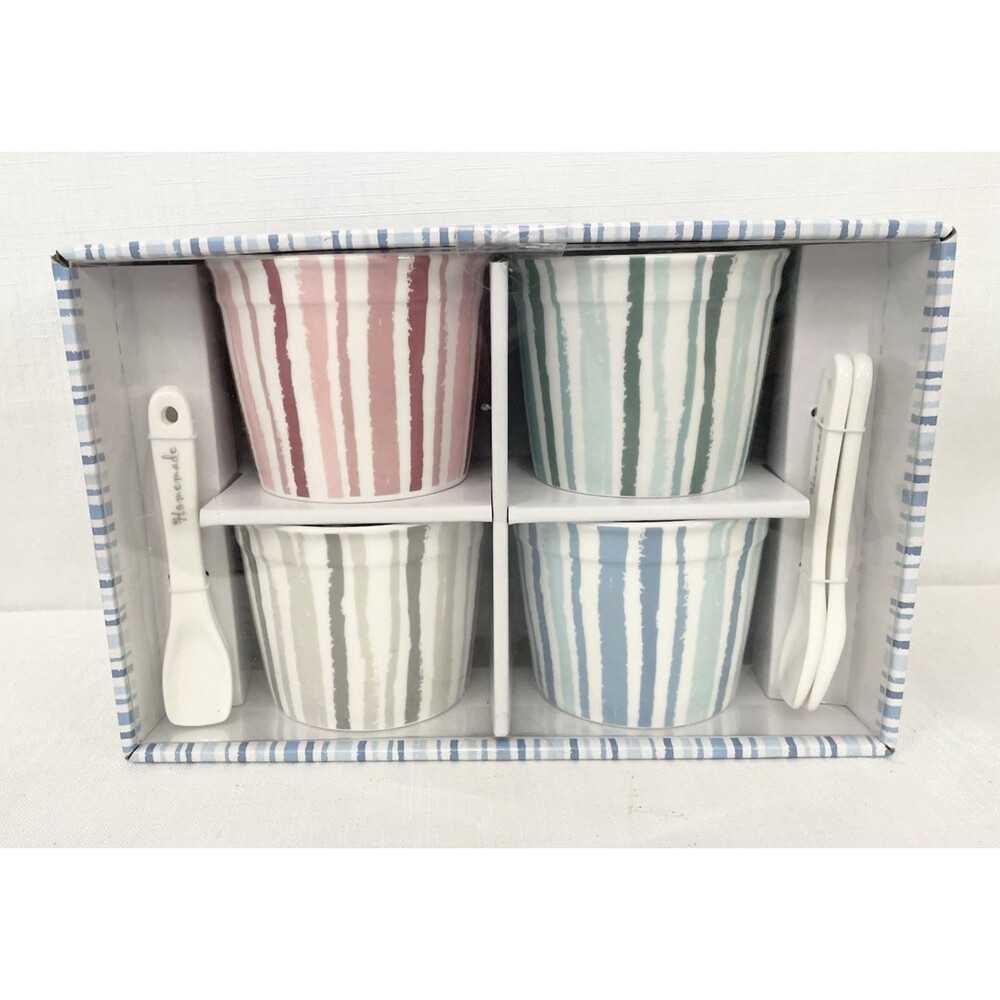 NEW 4 Crofton German Ice Cream Bowls Mugs White Spoons Pink Gray Green Blue